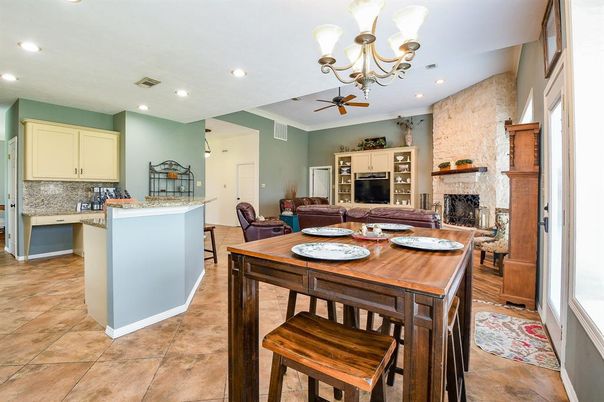 Chandelier, Dining room, Fireplace, Interior, Kitchen, Recessed Lighting