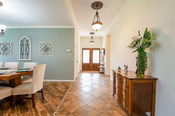 Dining room, Interior, Pendant Lights, Wood Texture Flooring