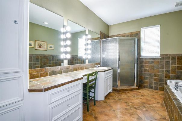 Bathroom, Glass Shower, Interior, Recessed Lighting, Tile Countertops