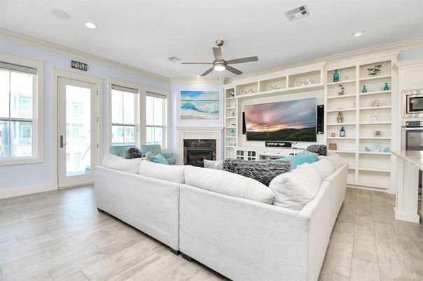 Fireplace, Interior, Living room, Recessed Lighting, Wood Texture Flooring