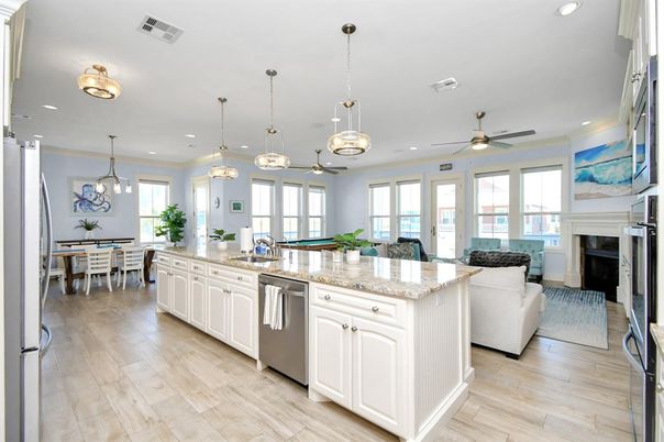 Dining room, Fireplace, Interior, Kitchen, Living room, Pendant Lights, Recessed Lighting, Wood Texture Flooring