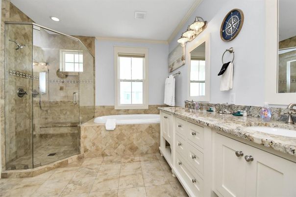 Bathroom, Dual Sink Vanities, Glass Shower, Interior, Recessed Lighting
