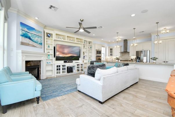 Fireplace, Interior, Kitchen, Living room, Pendant Lights, Recessed Lighting, Stainless Steel Appliances, Wood Texture Flooring