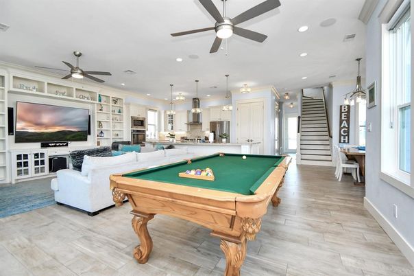 Billiard Table, Game Room, Interior, Kitchen, Living room, Pendant Lights, Recessed Lighting, Stainless Steel Appliances, Wood Texture Flooring