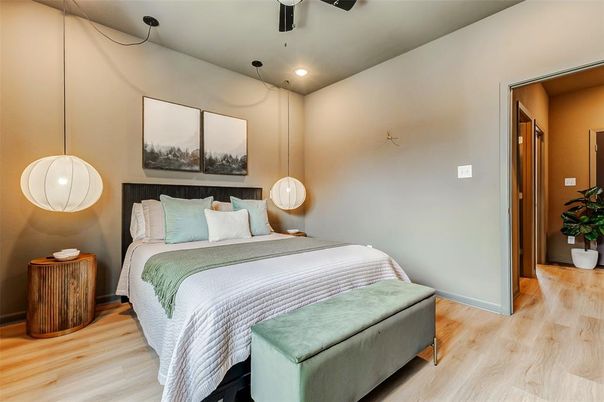 Bedroom, Interior, Pendant Lights, Recessed Lighting, Wood Texture Flooring