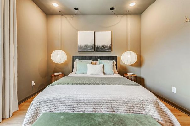Bedroom, Interior, Recessed Lighting, Wood Texture Flooring