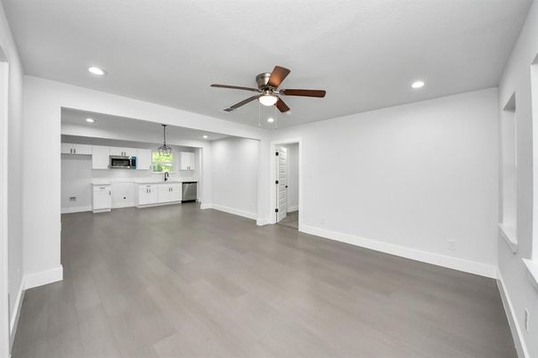 Empty room, Interior, Kitchen, Pendant Lights, Recessed Lighting, Wood Texture Flooring
