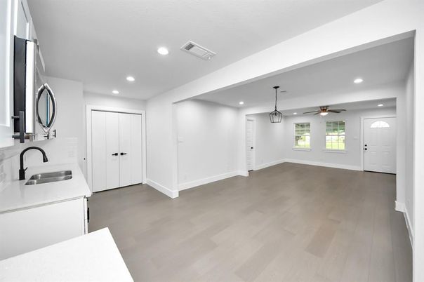 Empty room, Interior, Kitchen, Pendant Lights, Recessed Lighting, Wood Texture Flooring