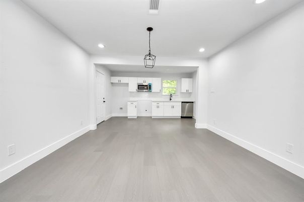 Empty room, Interior, Kitchen, Pendant Lights, Recessed Lighting, Wood Texture Flooring