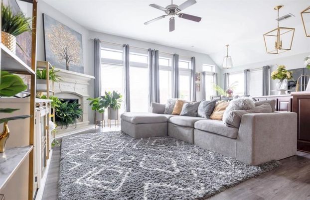 Dining room, Fireplace, Interior, Kitchen, Living room, Pendant Lights, Wood Texture Flooring