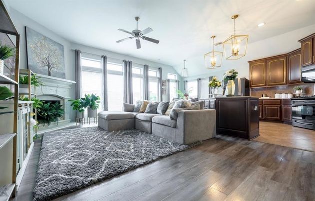 Fireplace, Interior, Kitchen, Living room, Pendant Lights, Recessed Lighting, Wood Texture Flooring