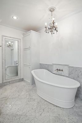 Bathroom, Chandelier, Free Standing Baths, Interior, Marble, Recessed Lighting