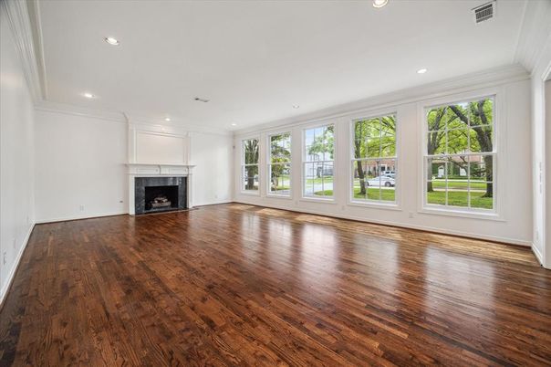 Empty room, Fireplace, Interior, Recessed Lighting, Wood Texture Flooring