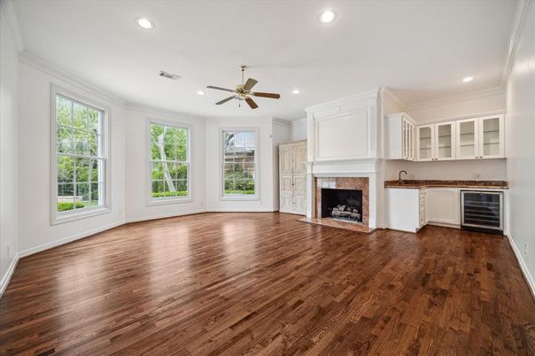 Empty room, Fireplace, Interior, Recessed Lighting, Wood Texture Flooring