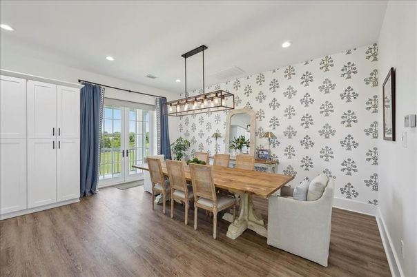 Dining room, Interior, Pendant Lights, Recessed Lighting, Wood Texture Flooring