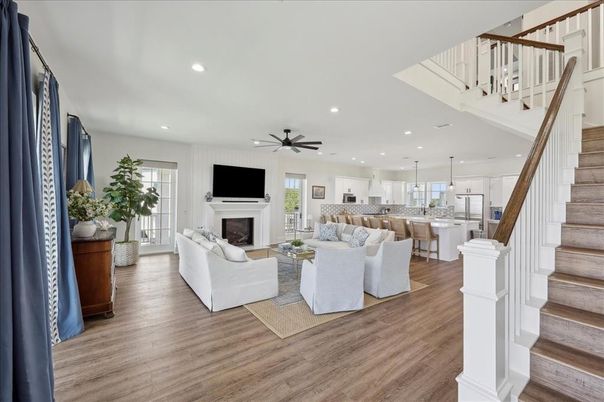 Fireplace, Interior, Kitchen, Living room, Pendant Lights, Recessed Lighting, Wood Texture Flooring