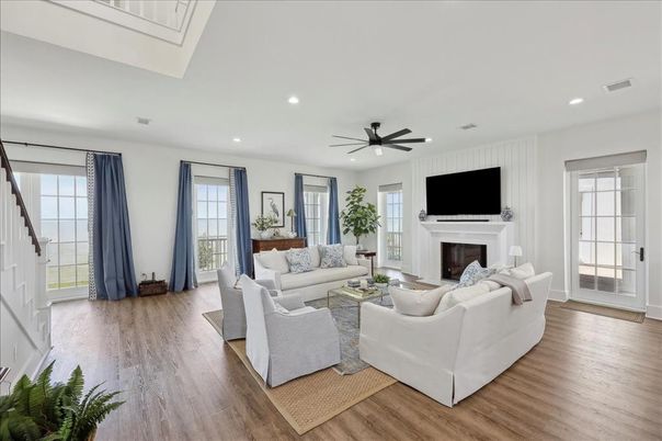 Fireplace, Interior, Living room, Recessed Lighting, Wood Texture Flooring