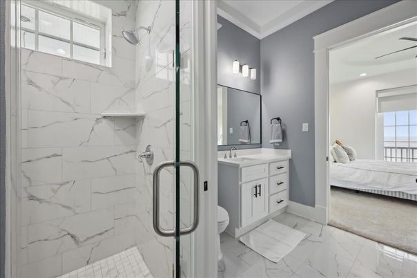 Bathroom, Bedroom, Glass Shower, Interior, Marble, Marble Walls, Recessed Lighting