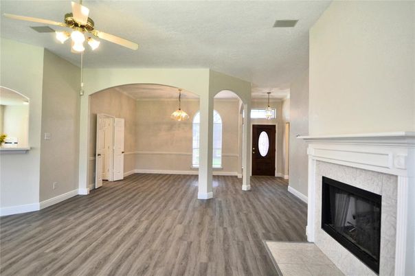 Empty room, Fireplace, Interior, Pendant Lights, Wood Texture Flooring