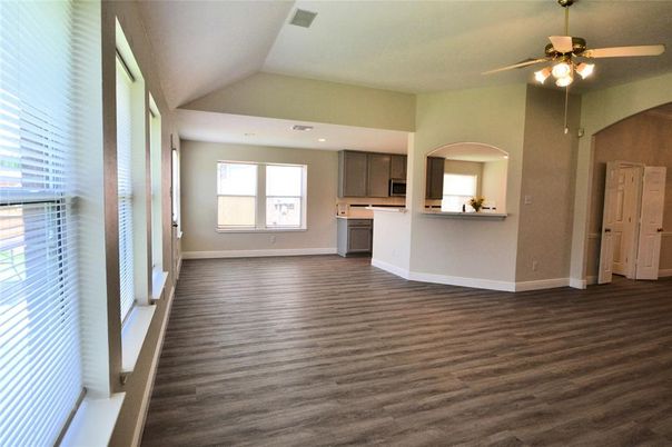 Empty room, Interior, Kitchen, Recessed Lighting, Wood Texture Flooring