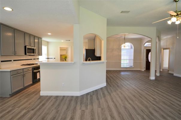 Interior, Kitchen, Pendant Lights, Recessed Lighting, Wood Texture Flooring