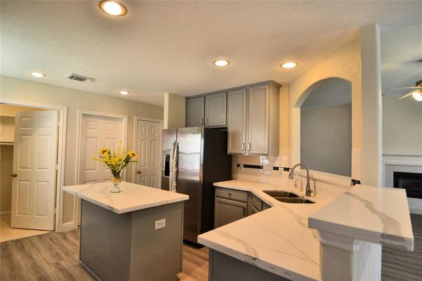 Interior, Kitchen, Recessed Lighting, Wood Texture Flooring