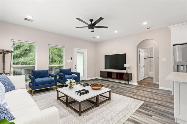 Interior, Living room, Recessed Lighting, Wood Texture Flooring