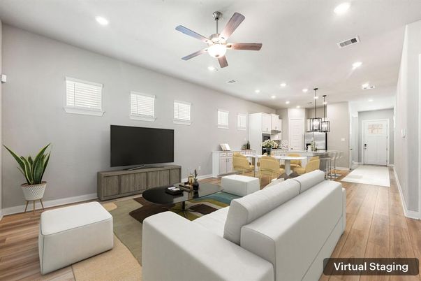 Dining room, Interior, Kitchen, Living room, Pendant Lights, Recessed Lighting, Wood Texture Flooring
