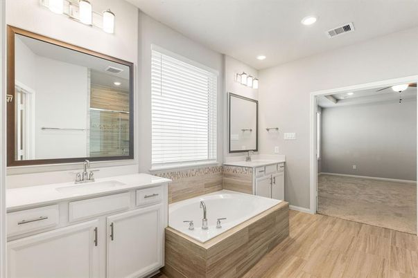 Bathroom, Dual Sink Vanities, Interior, Recessed Lighting, Wood Texture Flooring