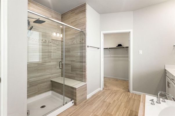 Bathroom, Glass Shower, Interior, Wood Texture Flooring