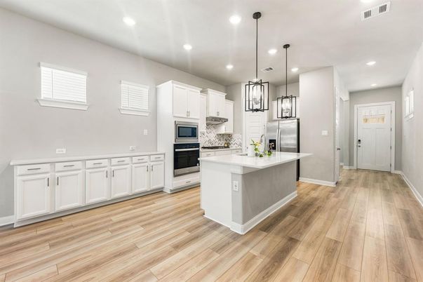 Interior, Kitchen, Pendant Lights, Recessed Lighting, Stainless Steel Appliances, Wood Texture Flooring