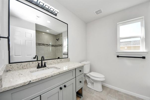 Bathroom, Dual Sink Vanities, Interior, Recessed Lighting, Wood Texture Flooring
