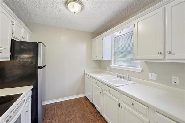 Interior, Kitchen, Tile Countertops, Wood Texture Flooring
