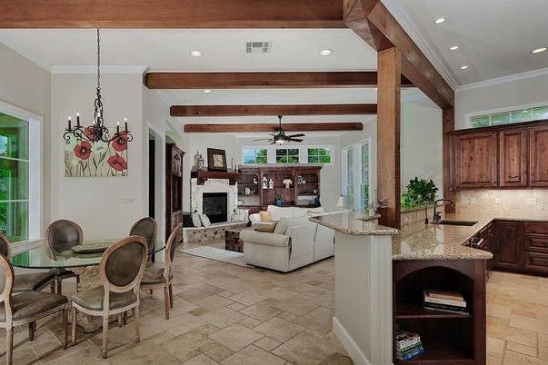 Chandelier, Dining room, Fireplace, Interior, Living room, Recessed Lighting, Wooden Beams