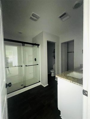 Bathroom, Glass Shower, Interior, Wood Texture Flooring