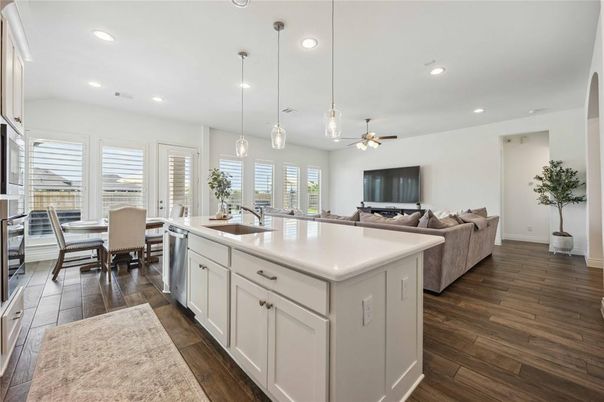 Dining room, Interior, Kitchen, Living room, Pendant Lights, Recessed Lighting, Wood Texture Flooring
