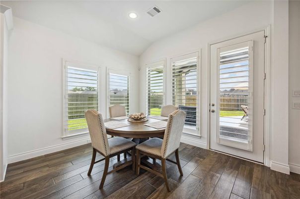 Dining room, Interior, Recessed Lighting, Wood Texture Flooring