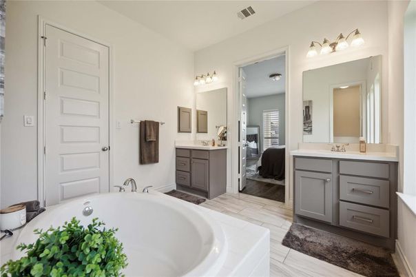 Bathroom, Bedroom, Dual Sink Vanities, Interior, Marble, Wood Texture Flooring