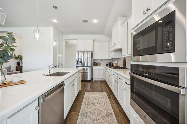Interior, Kitchen, Pendant Lights, Recessed Lighting, Stainless Steel Appliances, Wood Texture Flooring