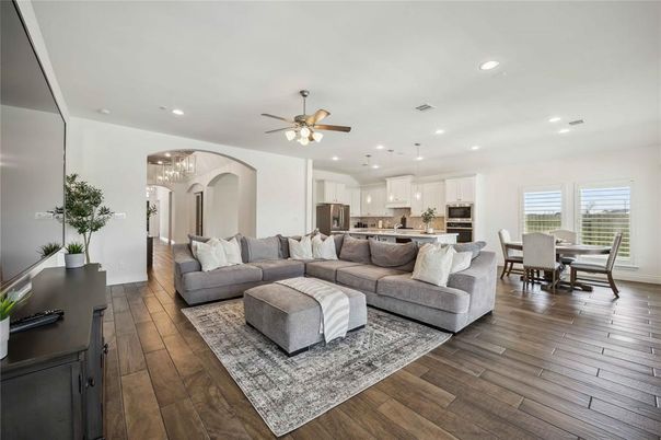 Dining room, Interior, Kitchen, Living room, Pendant Lights, Recessed Lighting, Stainless Steel Appliances, Wood Texture Flooring