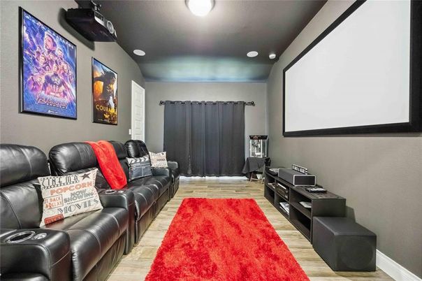 Interior, Projection Screen, Recessed Lighting, Theatre Room, Wood Texture Flooring
