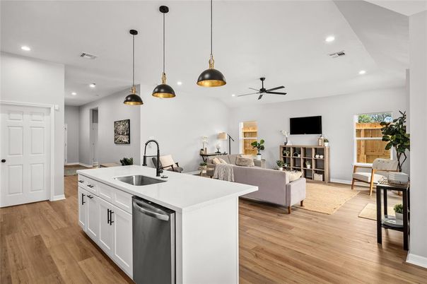 Interior, Kitchen, Living room, Pendant Lights, Recessed Lighting, Wood Texture Flooring