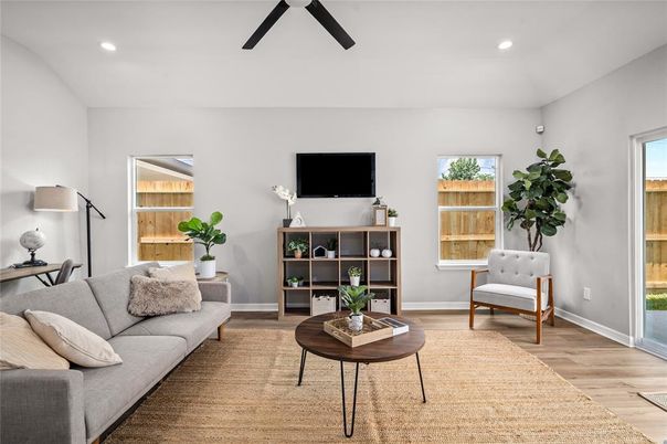 Interior, Living room, Recessed Lighting, Wood Texture Flooring