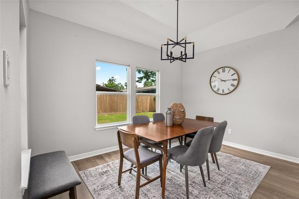Dining room, Interior, Pendant Lights, Wood Texture Flooring