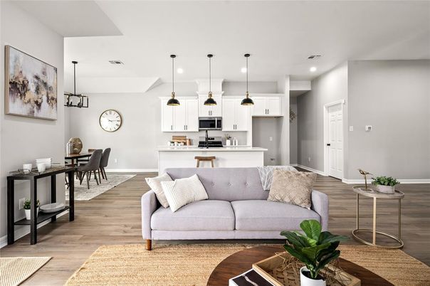Dining room, Interior, Kitchen, Living room, Pendant Lights, Recessed Lighting, Stainless Steel Appliances, Wood Texture Flooring