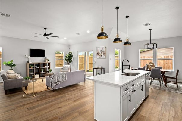 Dining room, Interior, Kitchen, Living room, Pendant Lights, Recessed Lighting, Wood Texture Flooring