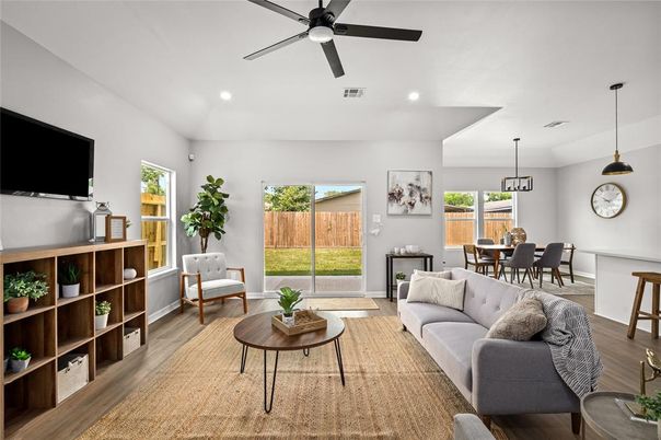 Dining room, Interior, Living room, Pendant Lights, Recessed Lighting, Wood Texture Flooring