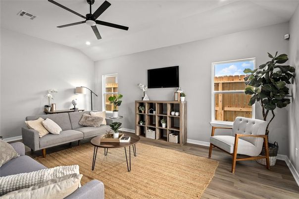 Interior, Living room, Recessed Lighting, Wood Texture Flooring
