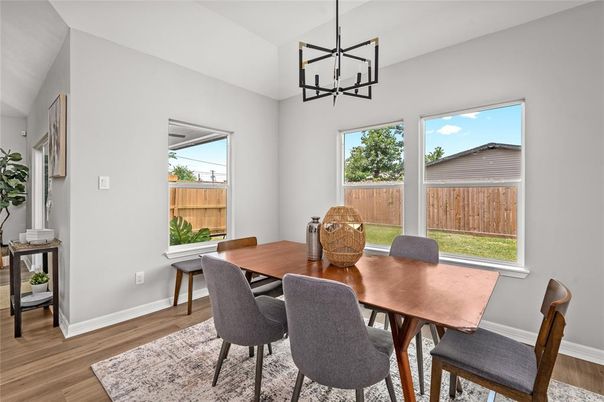Dining room, Interior, Pendant Lights, Wood Texture Flooring