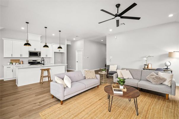 Interior, Kitchen, Living room, Pendant Lights, Recessed Lighting, Stainless Steel Appliances, Wood Texture Flooring